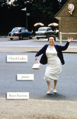 A woman in a white dress in a church parking lot waving.